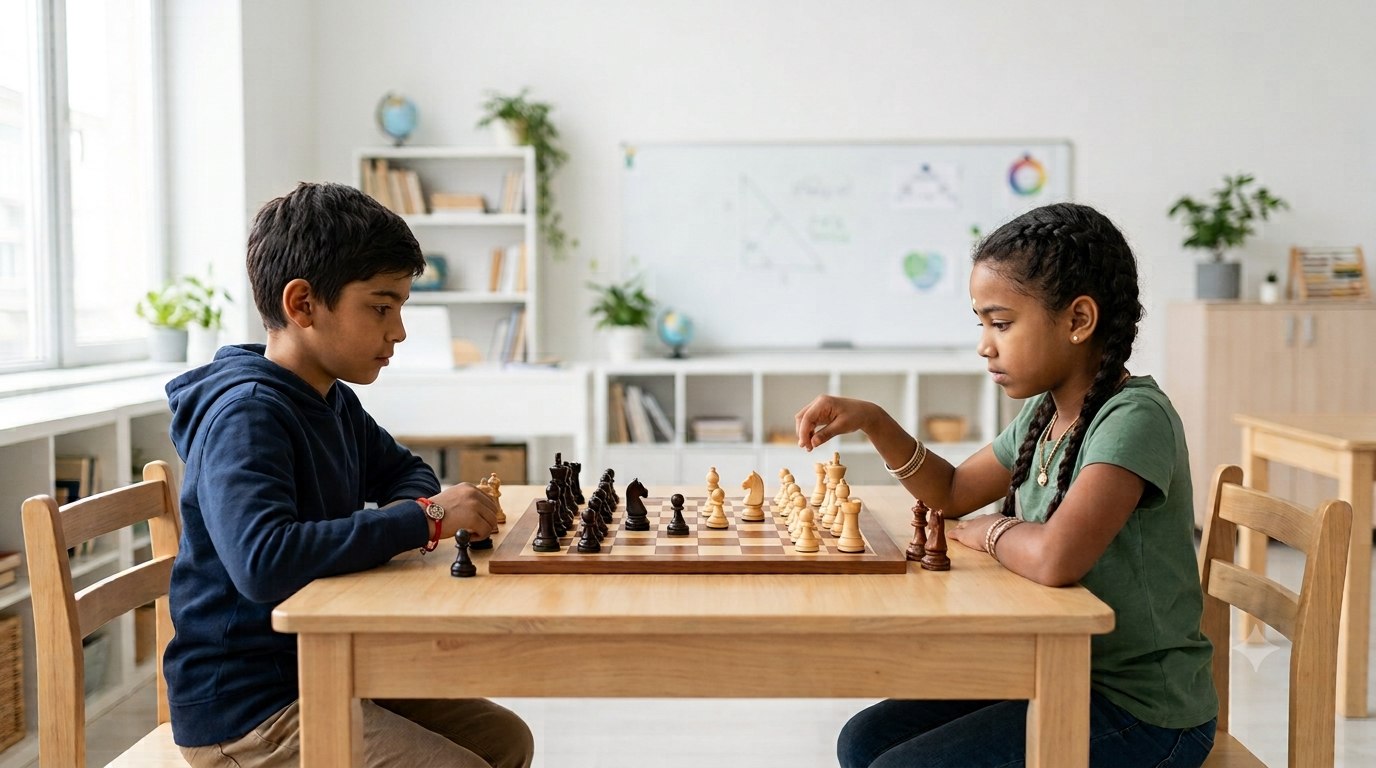 Two ChessKidoo students playing chess, one on the left and one on the right, chess board in the middle